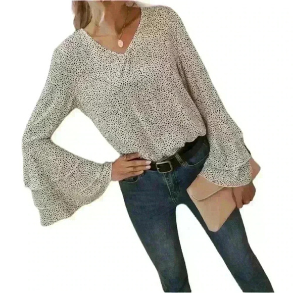 SHEIN Tops - SHEIN Allover print layer long sleeve ivory and black blouse bell sleeves small